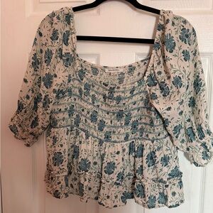 American Eagle Outfitters Blue Floral Smocked Peasant Top